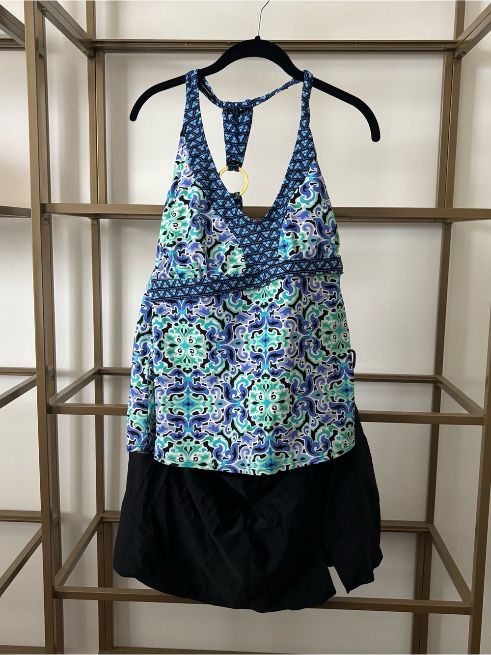 Pure Energy Blue Green Printed Halter Swim Top with Matching Black Swim Skirt